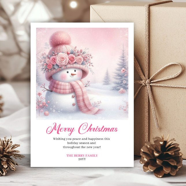 Tarjeta Festiva Cheery pink snowman kids greeting card printable (Cheery pink snowman kids greeting card printable)