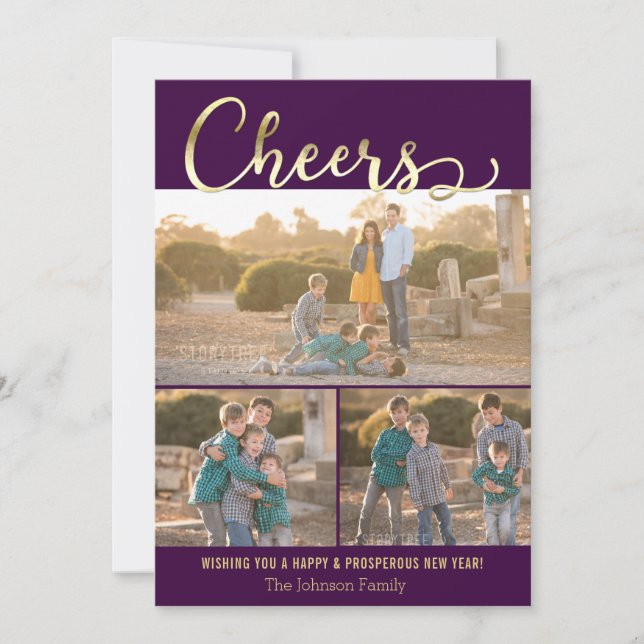 Tarjeta Festiva Cheque New Year Purple Gold Holiday Photo Card (Anverso)