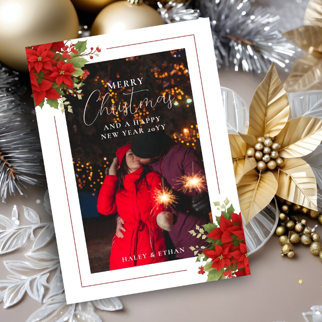 Tarjeta Festiva Cherish Red Floral Christmas Poinsettias Bouquets  (Cherish Red Floral Christmas Poinsettias Bouquets Photo Frame Holiday Card. )