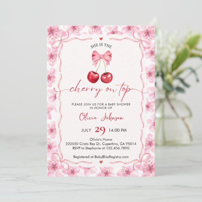 Tarjeta Festiva Cherry On Top Baby Shower Invitation (Anverso de pie)