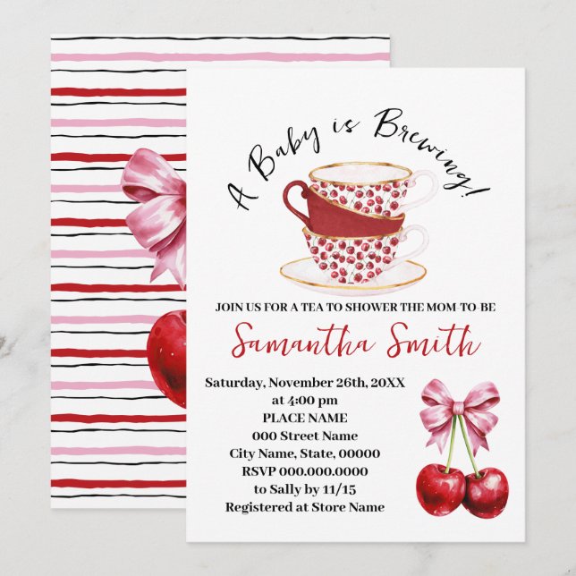 Tarjeta Festiva Cherry Pink Coquette Tea Baby Shower (Anverso / Reverso)