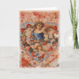 Tarjeta Festiva Cherub victoriano con corazón y encaje