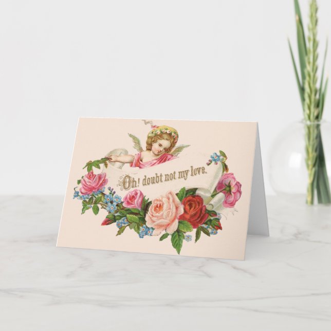 Tarjeta Festiva Cherub victoriano y Rosas Valentine (Anverso)