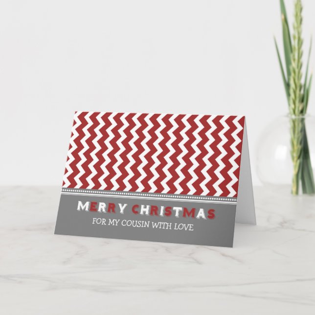 Tarjeta Festiva Chevron Red Gray Cousin Merry Christmas Card (Anverso)