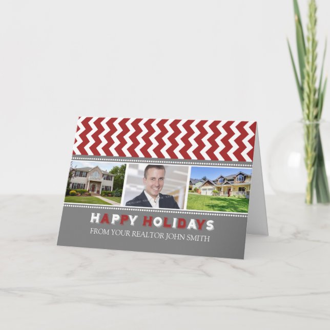 Tarjeta Festiva Chevron Red Realtor Happy Holidays Photo Card (Anverso)