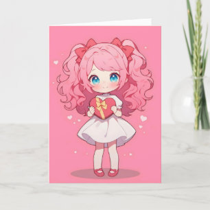 Tarjeta Festiva Chibi Anime Chica Pink Love