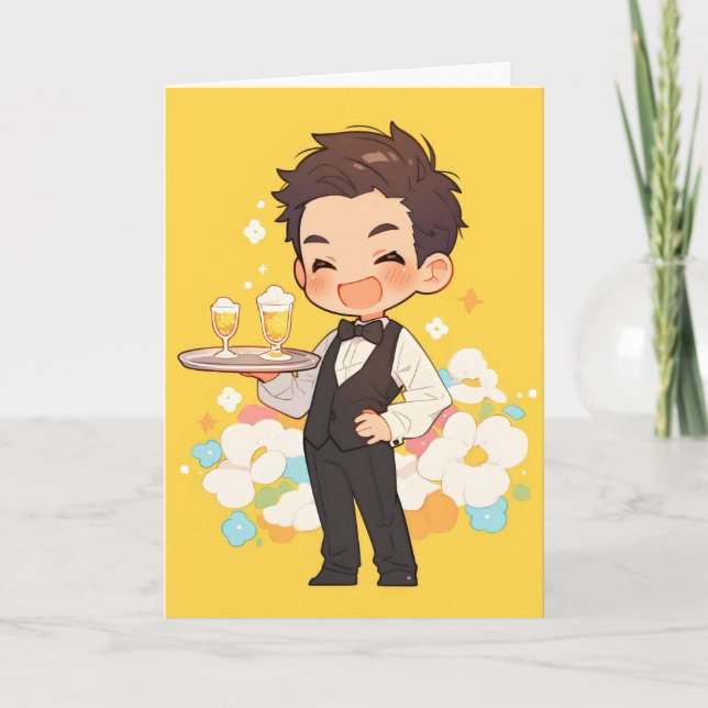 Tarjeta Festiva Chibi Anime Chico Barman Brindis (Anverso)
