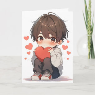 Tarjeta Festiva Chibi Anime Chico Corazón