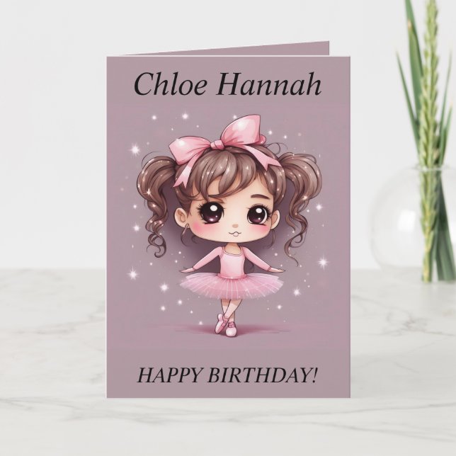 Tarjeta Festiva Chibi Chica pigtails Ballerina Birthday Card (Anverso)