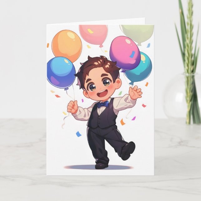 Tarjeta Festiva Chibi Ikemen Anime Man Balloons (Anverso)