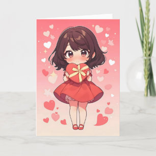 Tarjeta Festiva Chibi Kawaii Woman with Heart