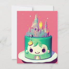 Tarjeta Festiva Chibi lindo pastel de cumpleaños castillo verde