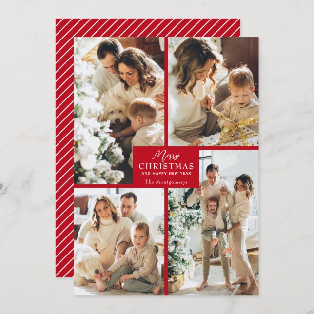 Tarjeta Festiva Chic 4 Photo Collage Red Merry Christmas (Anverso / Reverso)