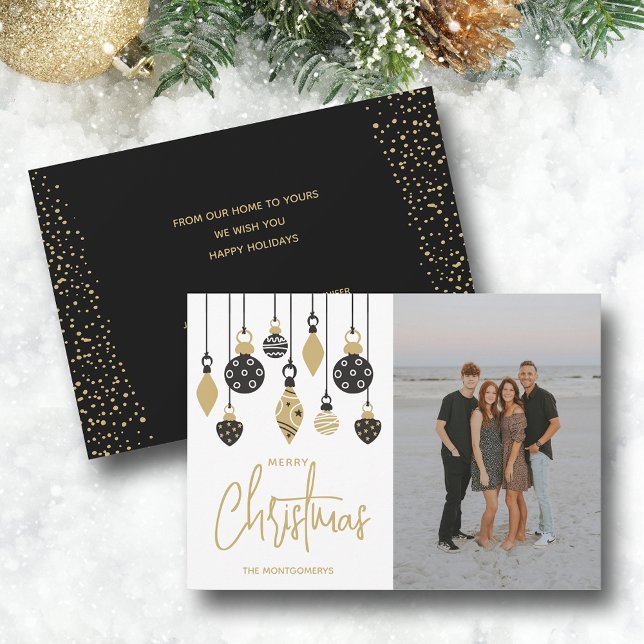 Tarjeta Festiva Chic Black and Gold Christmas Tree Ornaments (Black and gold Christmas tree ornaments photo greeting cards, PRINTED and/or INSTANT DOWNLOAD)