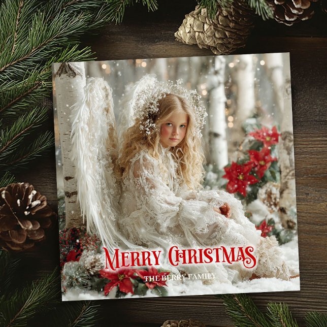 Tarjeta Festiva Chic Christmas angel red and gold classic greeting (Chic Christmas angel red and gold classic greeting card)