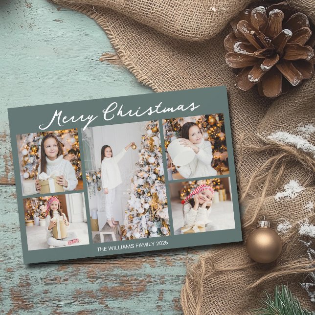 Tarjeta Festiva Chic Christmas Family Photo Collage Grey Green (Subido por el creador)