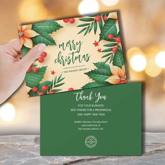 Tarjeta Festiva Chic Christmas Poinsettias Business Logo (Chic Christmas poinsettias business logo flat holiday cards, PRINTED and/or INSTANT DOWNLOAD)