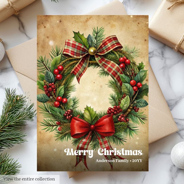 Tarjeta Festiva Chic Christmas wreath classic holly berries (Chic Christmas bells classic holly berries greeting)