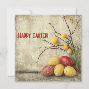Tarjeta Festiva Chic desgastado huevos de Pascua rojos y amarillos