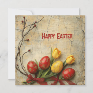 Tarjeta Festiva Chic deslucido huevos de Pascua rojos y amarillos 