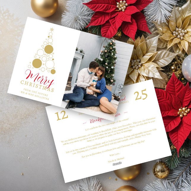 Tarjeta Festiva Chic Elegant Modern Wedding Christmas Tree Photo (Elegant Modern Wedding Christmas Tree Photo in Red and Fake Gold Holiday Cards as a Save the Dates)