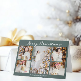 Tarjeta Festiva Chic Grey Green Christmas Photo Collage Folded