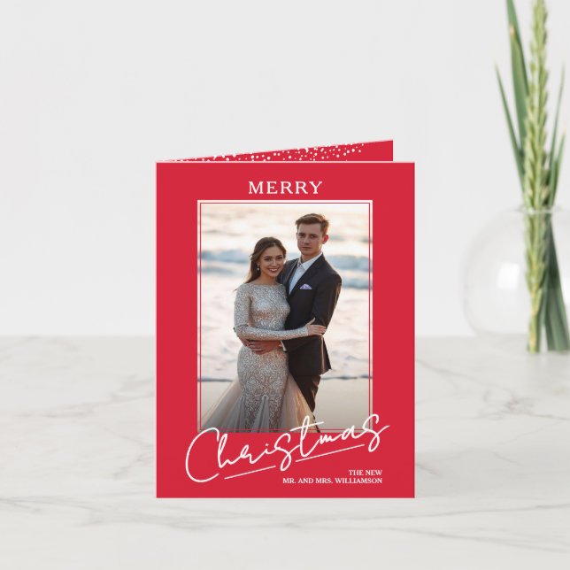 Tarjeta Festiva Chic Merry Christmas Script on Red Folded Photo (Anverso)