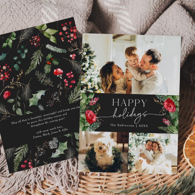 Tarjeta Festiva Chic Moderno Gris Oscuro Botánico de Invierno 3 Fo (Subido por el creador)