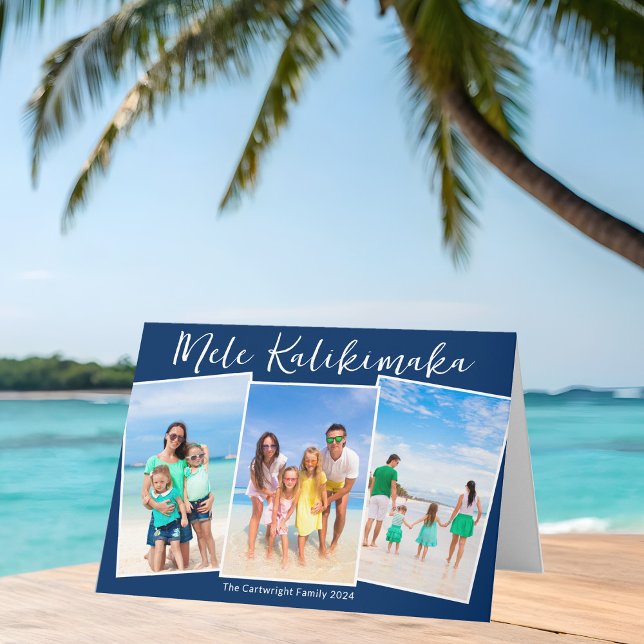 Tarjeta Festiva Chic Navy Blue Beach Photo Collage Christmas (Subido por el creador)