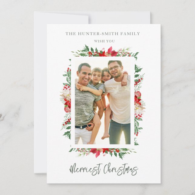 Tarjeta Festiva Chic Photo Classic Merriest Christmas Poinsettias (Anverso)