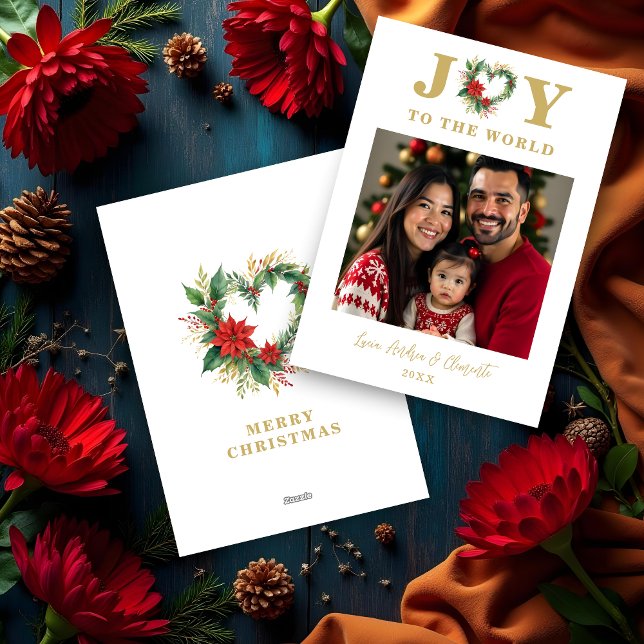 Tarjeta Festiva Chic Poinsettias Christmas Heart-Shape Garland (Chic Poinsettias Christmas Heart-Shape Garland Photo and Joy to the World Quote Holidays Cards.)