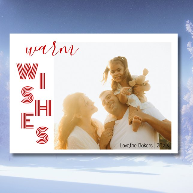 Tarjeta Festiva Chic Red Warm Wishes Two Beach Family Photo  (Subido por el creador)