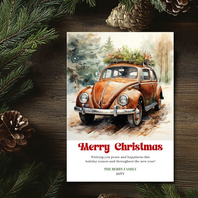 Tarjeta Festiva Chic rustic Christmas scene red car card style (Chic rustic Christmas scene red car card style)