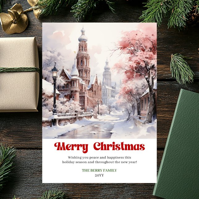 Tarjeta Festiva Chic rustic holiday scene minimalist pink city (Chic rustic holiday scene minimalist pink city)