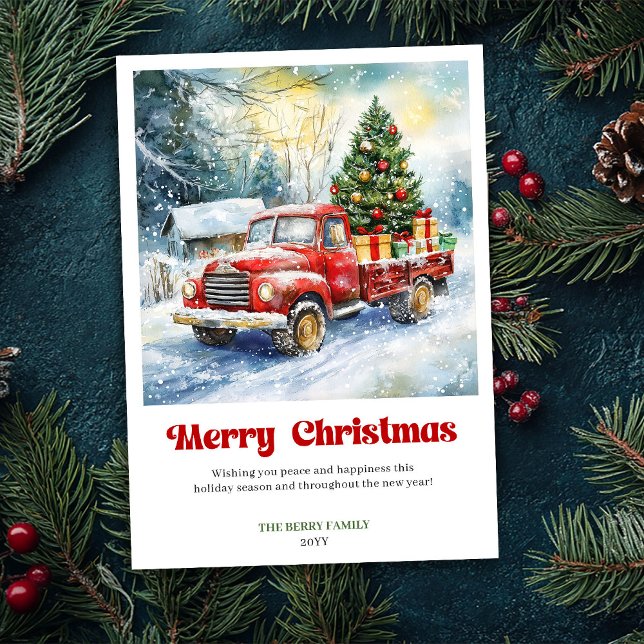 Tarjeta Festiva Chic Rustic Red Truck Christmas Scene Greeting  (Chic Rustic Red Truck Christmas Scene Greeting Holiday Card)