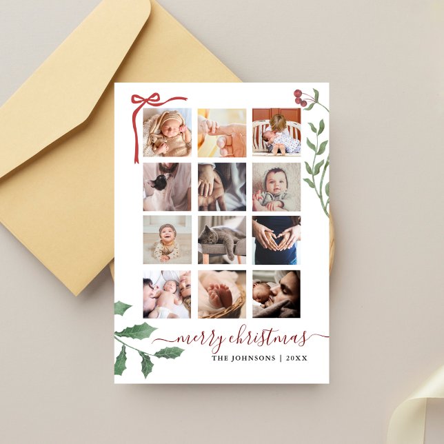 Tarjeta Festiva Chic Script 12 Photo Collage Botanical Christmas  (Subido por el creador)