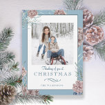 Tarjeta Festiva Chic Winter Holiday Pine on Blue Background<br><div class="desc">Elegant and chic watercolor style pine cones and fir branches on dusty blue background with photo and text templates.</div>