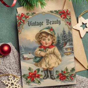 Tarjeta Festiva Chica Adorable Dorado de época en Navidades de mar