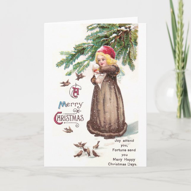 Tarjeta Festiva Chica alimentando a las aves en la nieve (Anverso)