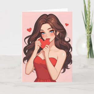 Tarjeta Festiva Chica Anime Bonita Amor Rosa