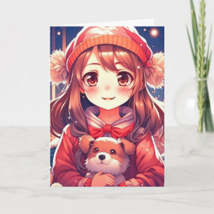 Tarjeta Festiva Chica Anime Bonita con Cachorro y Orejeras