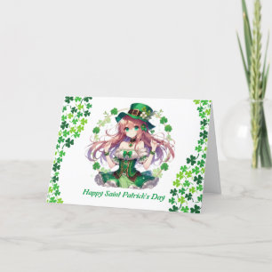 Tarjeta Festiva chica anime de trébol del día de San Patricio