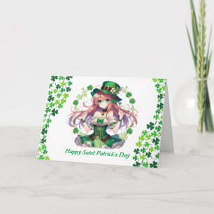 Tarjeta Festiva chica anime de trébol del día de San Patricio