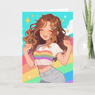 Tarjeta Festiva Chica Anime Feliz Arcoíris
