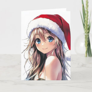 Tarjeta Festiva Chica Anime Festiva Sombrero de Santa con Ojos Azu