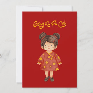 Tarjeta Festiva Chica china con cabello en moño Gong Xi Fa Cai