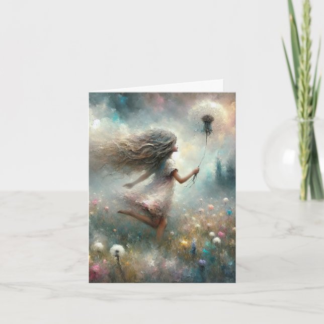 Tarjeta Festiva Chica Con Dandelion Fluffy (Anverso)