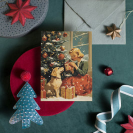 Tarjeta Festiva Chica con perro por la cosecha del árbol de Navida