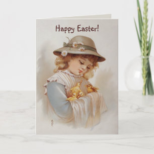Tarjeta Festiva Chica con pollos bebé primavera y Semana Santa