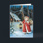 Tarjeta Festiva Chica Cute Lantern Holly Winter Cottage<br><div class="desc">Es hora de celebrar las fiestas. Esta vintage impresión navideña representa a una linda niñita cargando una linterna,  una linterna y un saco de golosinas. Una casita de campo de invierno al fondo.</div>